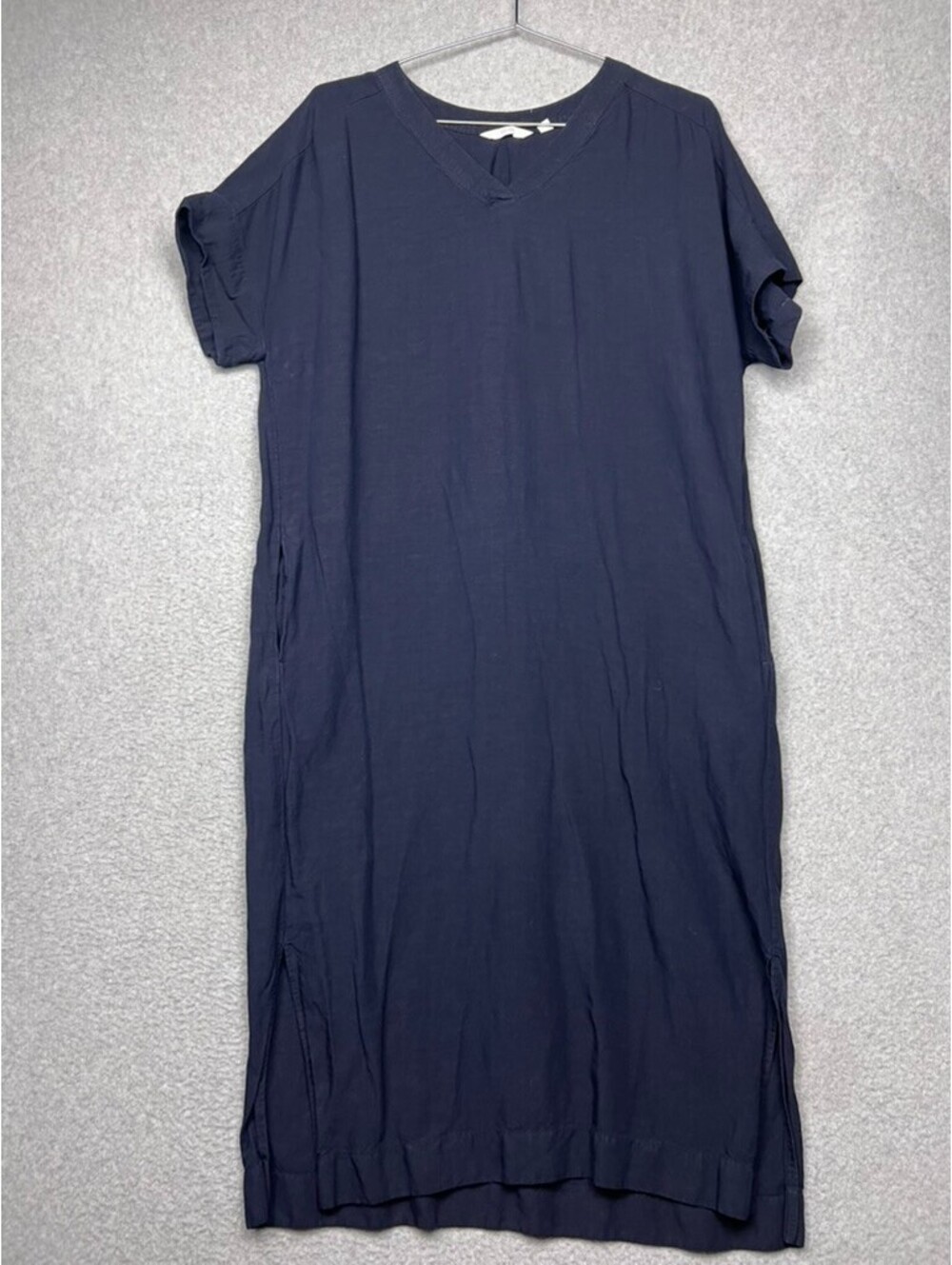 Uniqlo Navy Rayon Linen Blend V-Neck Shift Cocoon Dress w/ Pockets Minimalist XS